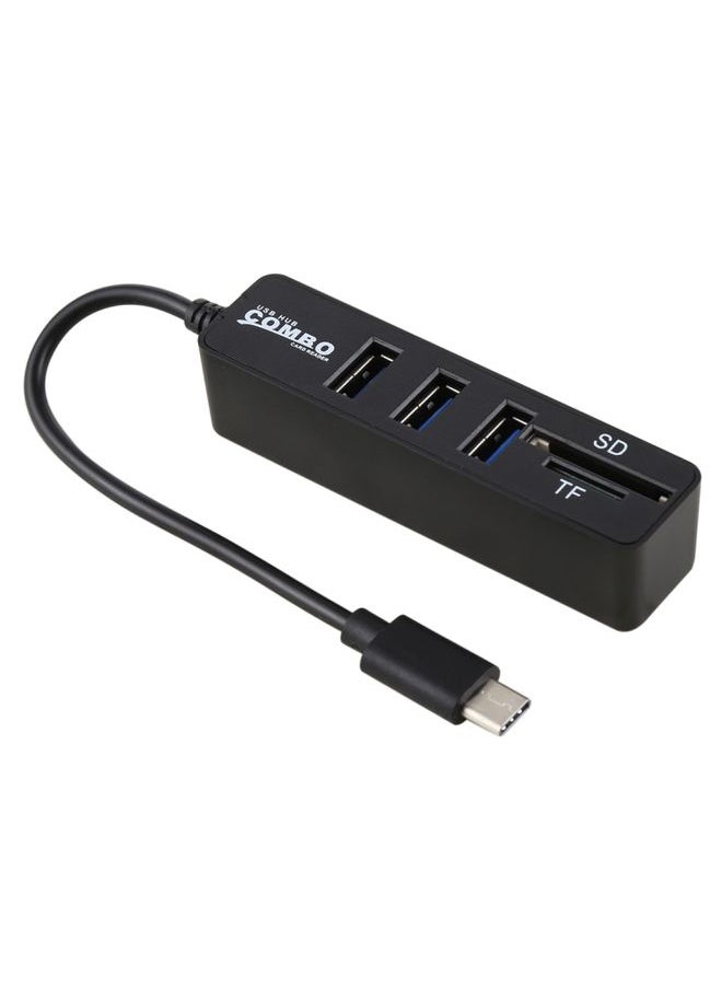 2 in 1 TF & SD Card Reader + 3 x USB Ports to USB-C / Type-C HUB Converter, Total Length: 24cm(Black)