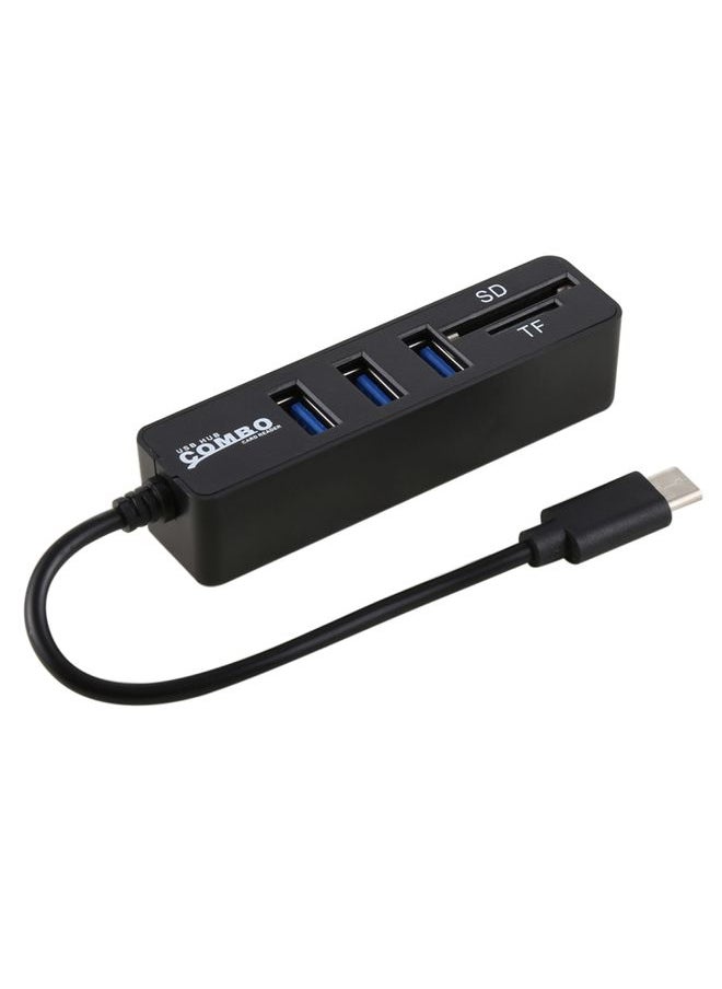 2 in 1 TF & SD Card Reader + 3 x USB Ports to USB-C / Type-C HUB Converter, Total Length: 24cm(Black)