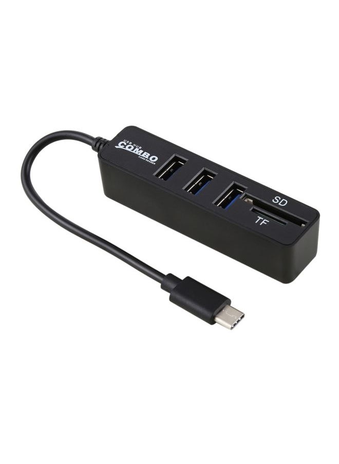 2 in 1 TF & SD Card Reader + 3 x USB Ports to USB-C / Type-C HUB Converter, Total Length: 24cm(Black)