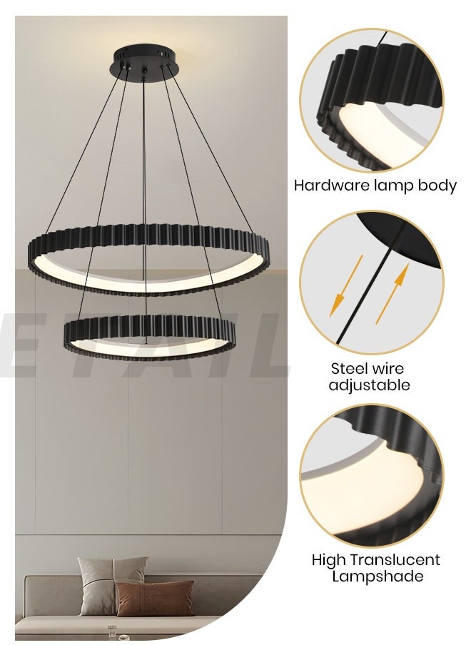 Black Round LED Double Circle Chandelier, 58W Adjustable Height Pendant Light, Remote Control 3-Color Dimming (3000K-6000K), 65CM/45CM for Dining Room, Bedroom, Living Room, Modern Design