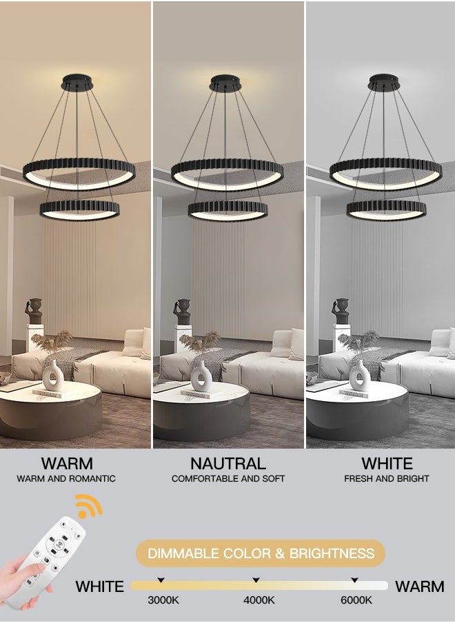 Black Round LED Double Circle Chandelier, 58W Adjustable Height Pendant Light, Remote Control 3-Color Dimming (3000K-6000K), 65CM/45CM for Dining Room, Bedroom, Living Room, Modern Design