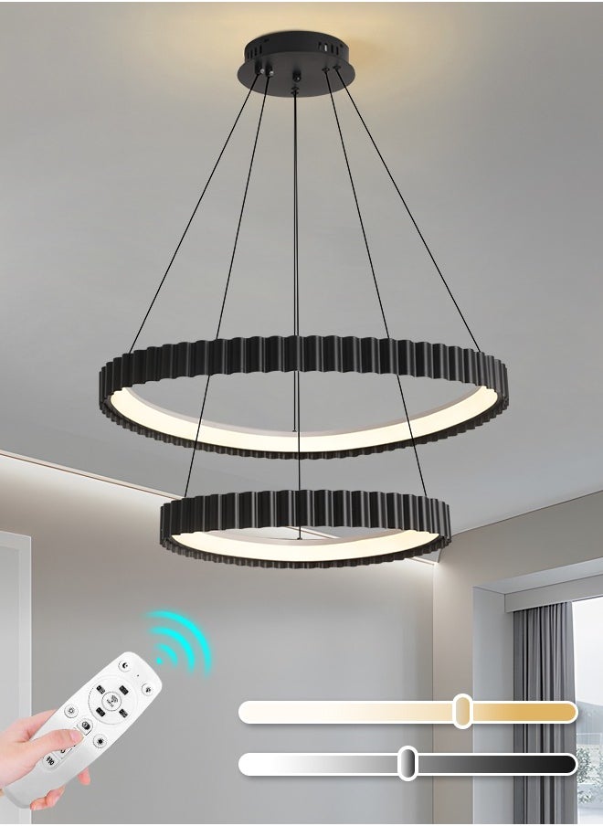 Black Round LED Double Circle Chandelier, 58W Adjustable Height Pendant Light, Remote Control 3-Color Dimming (3000K-6000K), 65CM/45CM for Dining Room, Bedroom, Living Room, Modern Design