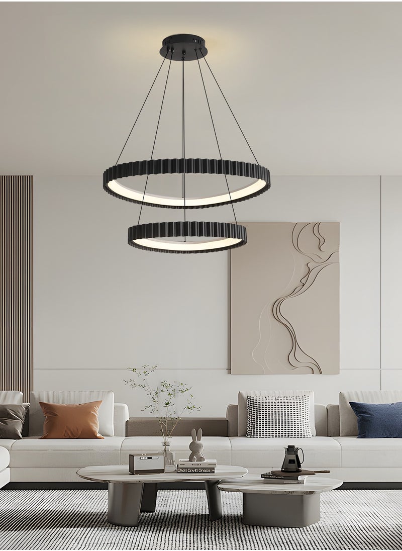 Black Round LED Double Circle Chandelier, 58W Adjustable Height Pendant Light, Remote Control 3-Color Dimming (3000K-6000K), 65CM/45CM for Dining Room, Bedroom, Living Room, Modern Design