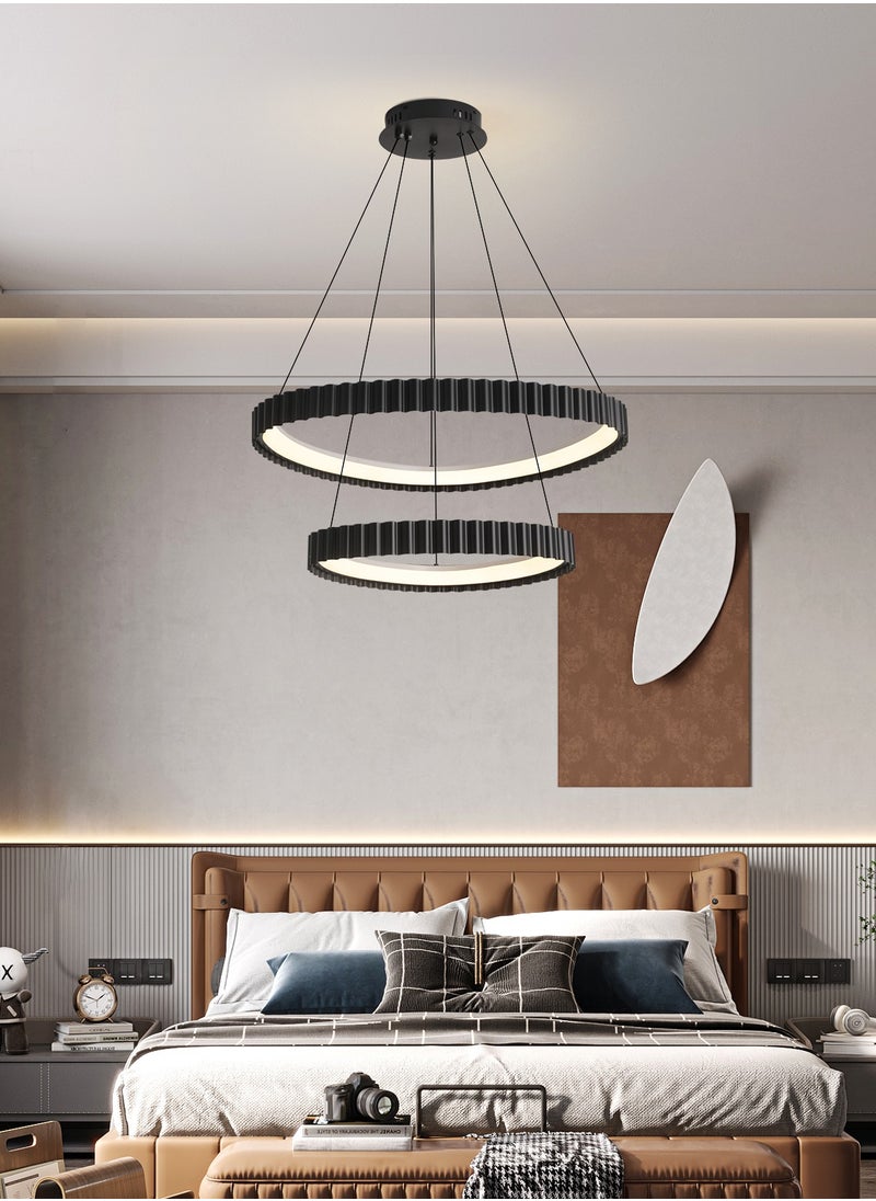 Black Round LED Double Circle Chandelier, 58W Adjustable Height Pendant Light, Remote Control 3-Color Dimming (3000K-6000K), 65CM/45CM for Dining Room, Bedroom, Living Room, Modern Design