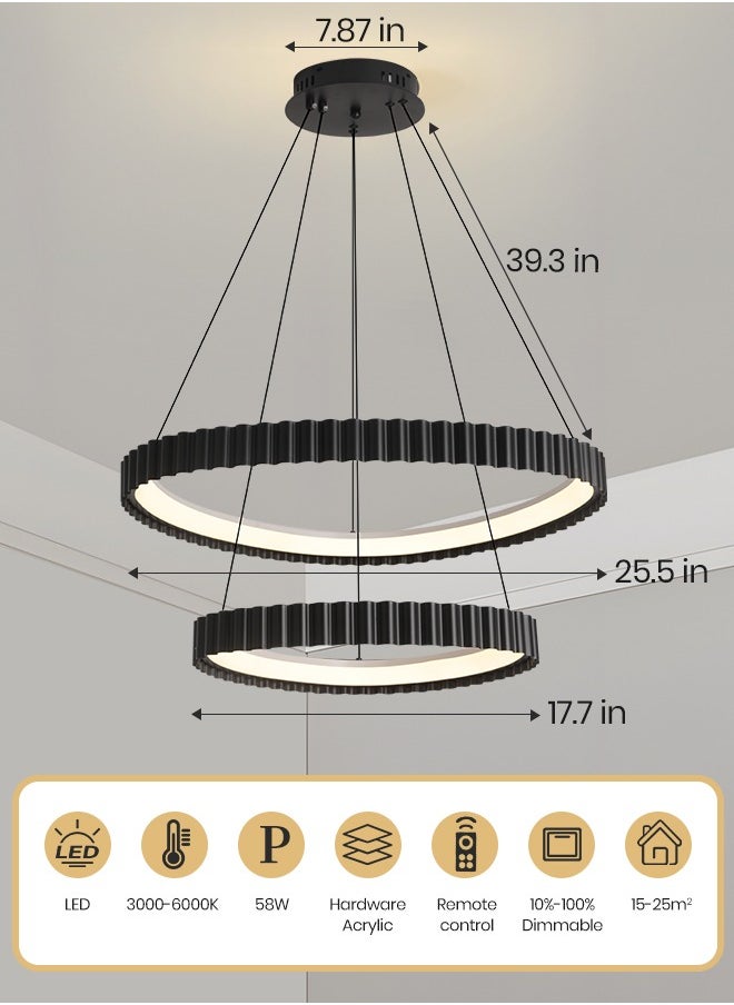 Black Round LED Double Circle Chandelier, 58W Adjustable Height Pendant Light, Remote Control 3-Color Dimming (3000K-6000K), 65CM/45CM for Dining Room, Bedroom, Living Room, Modern Design