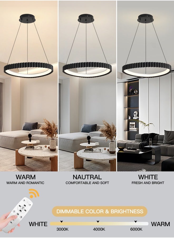 Black Round LED Chandelier, 29W Adjustable Hanging Light with Remote Control, 3-Color Dimming (3000K-6000K), Adjustable Height for Dining Room, Bedroom, Living Room, 55CM Diameter