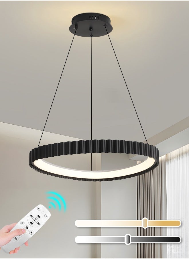 Black Round LED Chandelier, 29W Adjustable Hanging Light with Remote Control, 3-Color Dimming (3000K-6000K), Adjustable Height for Dining Room, Bedroom, Living Room, 55CM Diameter