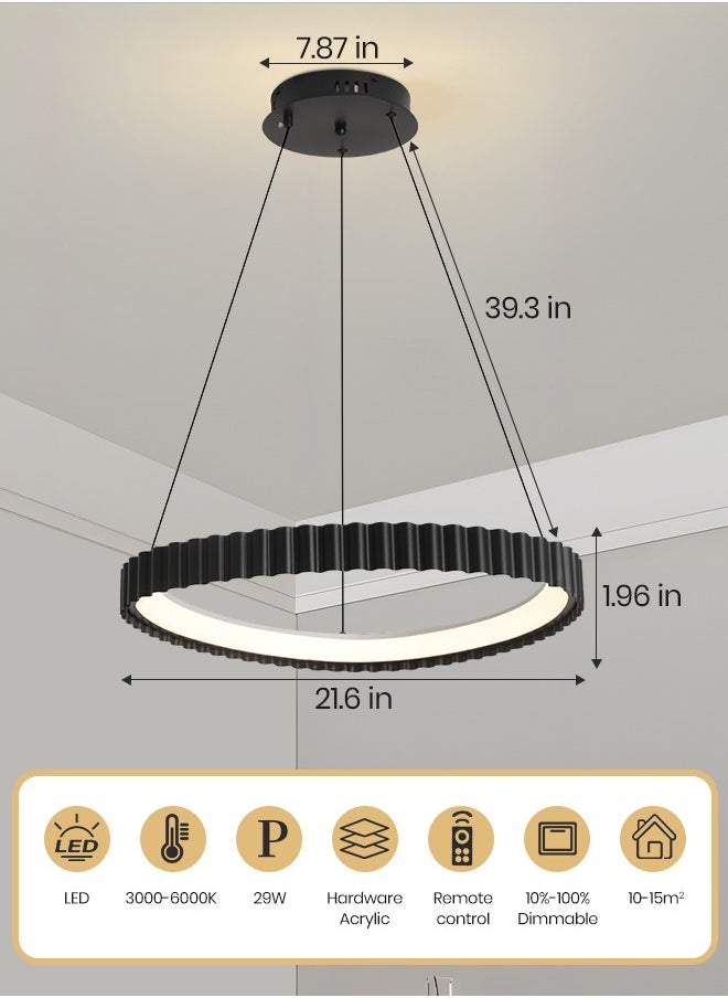 Black Round LED Chandelier, 29W Adjustable Hanging Light with Remote Control, 3-Color Dimming (3000K-6000K), Adjustable Height for Dining Room, Bedroom, Living Room, 55CM Diameter