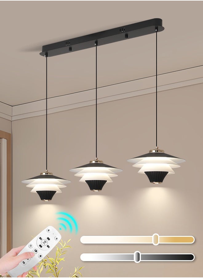 Modern LED Pendant Light, 30W Cone Shape Adjustable Height Chandelier, Remote Control Dimmable Lighting (3000-6000K), Black Minimalist Design for Dining Room, Kitchen Island, 10-15㎡