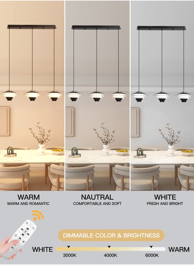 Modern LED Pendant Light, 30W Cone Shape Adjustable Height Chandelier, Remote Control Dimmable Lighting (3000-6000K), Black Minimalist Design for Dining Room, Kitchen Island, 10-15㎡