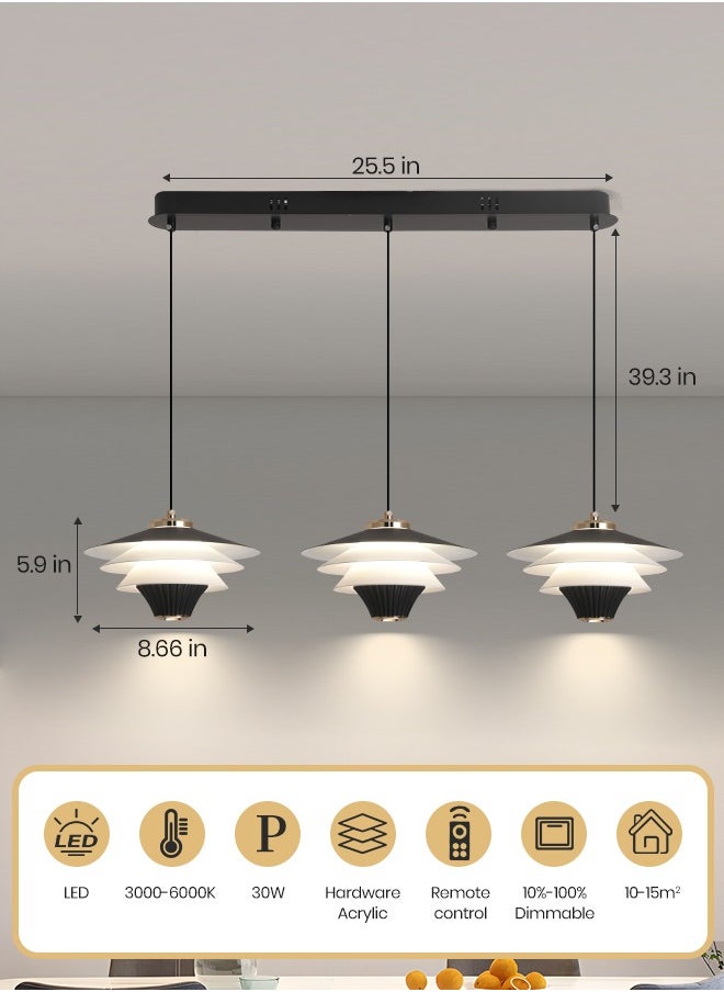 Modern LED Pendant Light, 30W Cone Shape Adjustable Height Chandelier, Remote Control Dimmable Lighting (3000-6000K), Black Minimalist Design for Dining Room, Kitchen Island, 10-15㎡