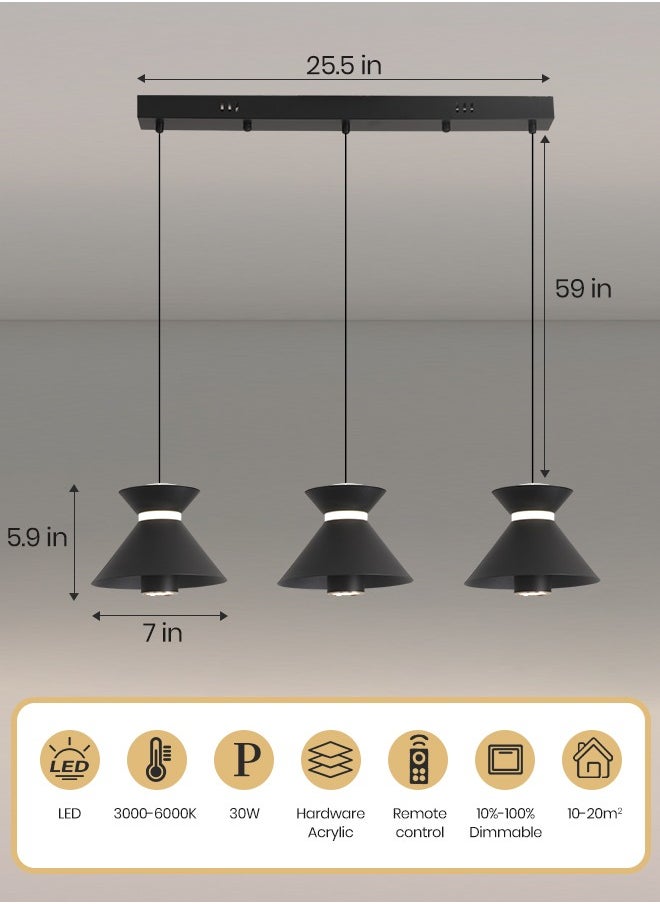 Modern LED Pendant Light, 30W Adjustable Height Cone Shape Chandelier, Remote Control Dimmable Lighting (3000-6000K), Minimalist Black Design for Dining Room, Kitchen Island, 10-20㎡