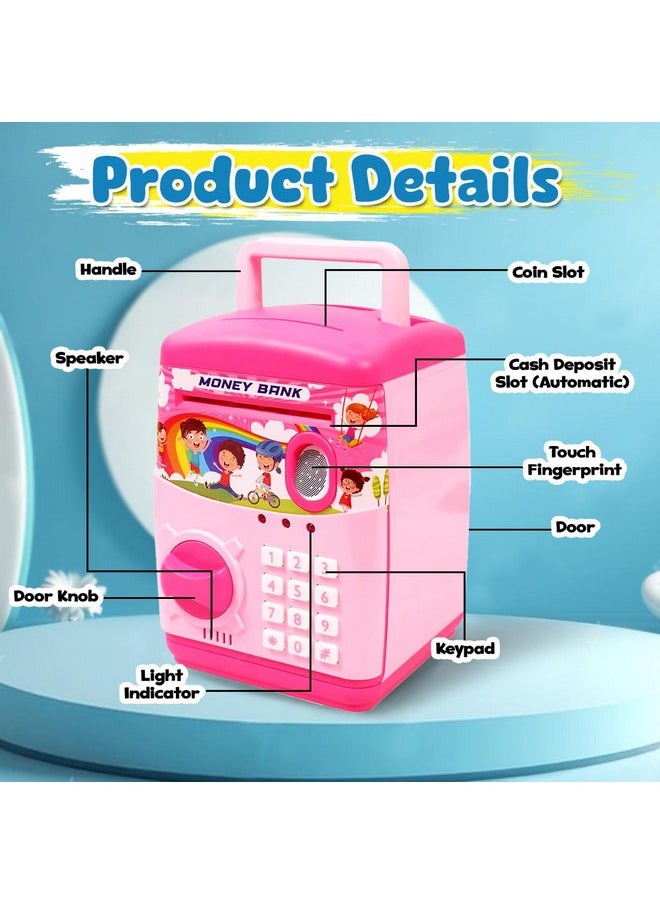 Finger Print Sensor Atm Piggy Bank For Kids Girl Boys Gullak For Money Bank With Password & Music Auto Scroll Money Saving Box With Coin Cash Slot Gifts For Kids - Pink