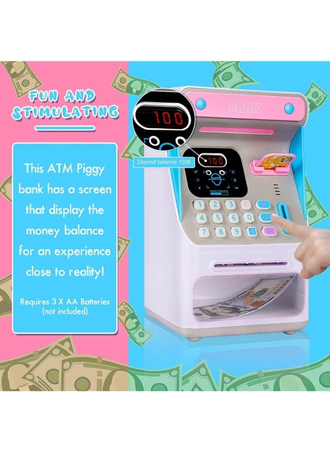 Electronic Money Bank with Face Lock, ATM Bank for Real Money Kids Money Bank with Password Lock Cash Coin, Face Lock & Bank Card & Password Protection (PINK)