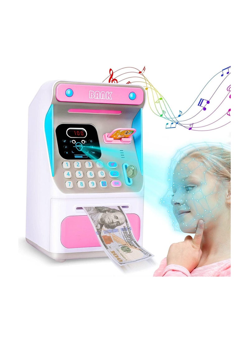 Electronic Money Bank with Face Lock, ATM Bank for Real Money Kids Money Bank with Password Lock Cash Coin, Face Lock & Bank Card & Password Protection (PINK)