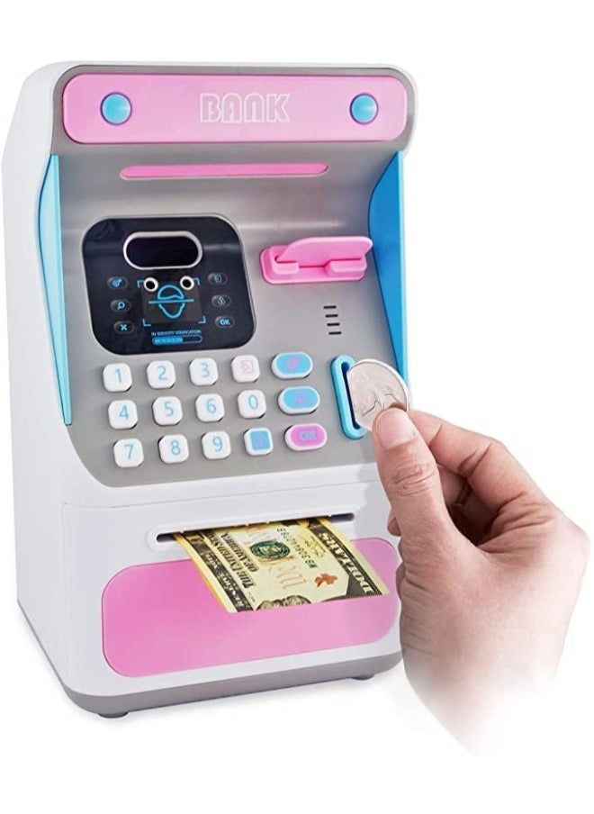 Electronic Money Bank with Face Lock, ATM Bank for Real Money Kids Money Bank with Password Lock Cash Coin, Face Lock & Bank Card & Password Protection (PINK)