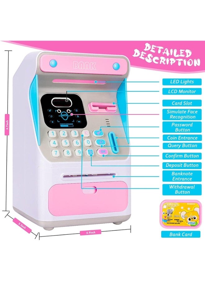 Electronic Money Bank with Face Lock, ATM Bank for Real Money Kids Money Bank with Password Lock Cash Coin, Face Lock & Bank Card & Password Protection (PINK)