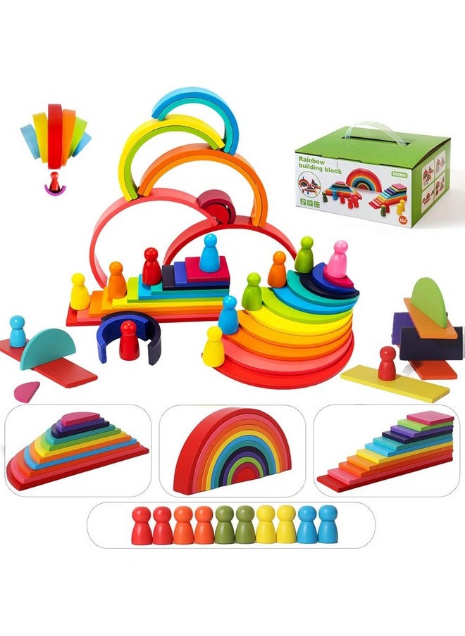 Wooden Rainbow Stack Set,45-Piece 4-In-1 Rainbow Stacking Toys Building Blocks For Kids Ages 3 4 5 Preschool Montessori Toys