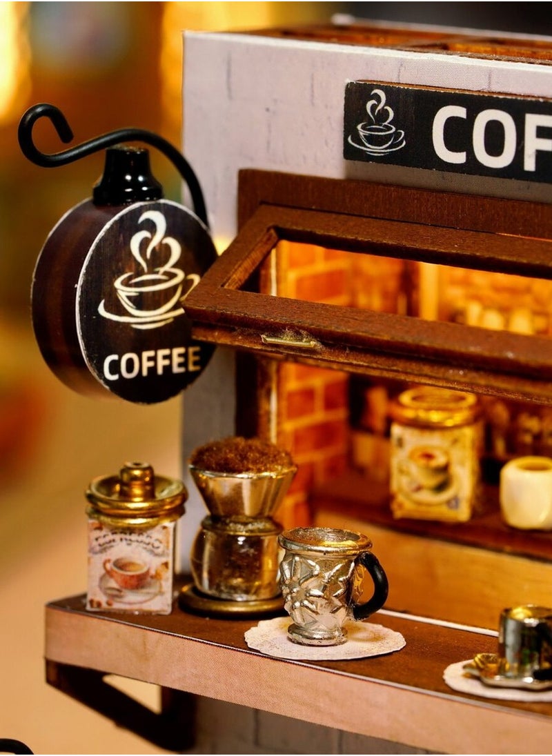 DIY Miniature Coffee Shop Model Kit - Wooden 3D Assembly Scene with Detailed Furniture, Perfect for Crafting Enthusiasts and Home Decor; Handcrafted Mini Dollhouse for Teens and Adults, Battery-Free & Glue-Free Design