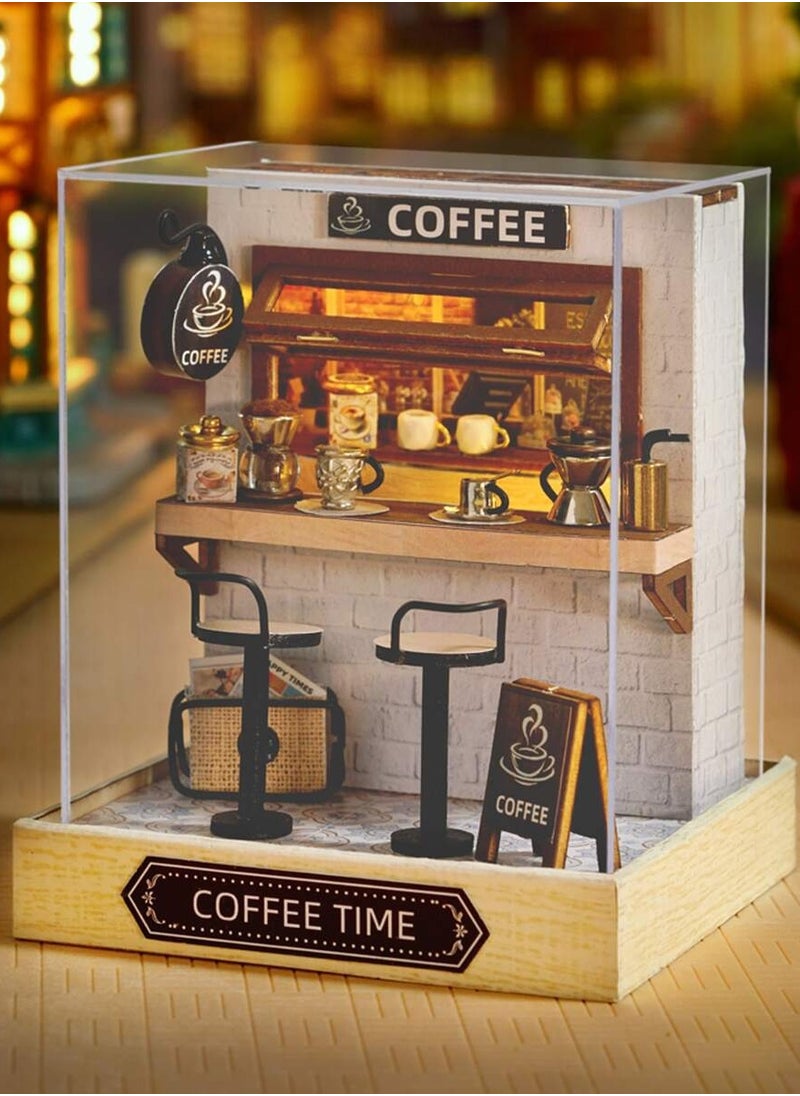 DIY Miniature Coffee Shop Model Kit - Wooden 3D Assembly Scene with Detailed Furniture, Perfect for Crafting Enthusiasts and Home Decor; Handcrafted Mini Dollhouse for Teens and Adults, Battery-Free & Glue-Free Design