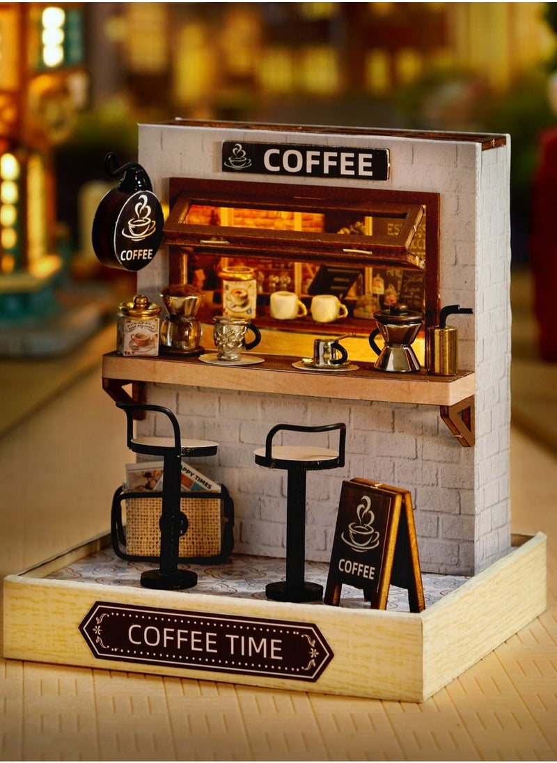 DIY Miniature Coffee Shop Model Kit - Wooden 3D Assembly Scene with Detailed Furniture, Perfect for Crafting Enthusiasts and Home Decor; Handcrafted Mini Dollhouse for Teens and Adults, Battery-Free & Glue-Free Design