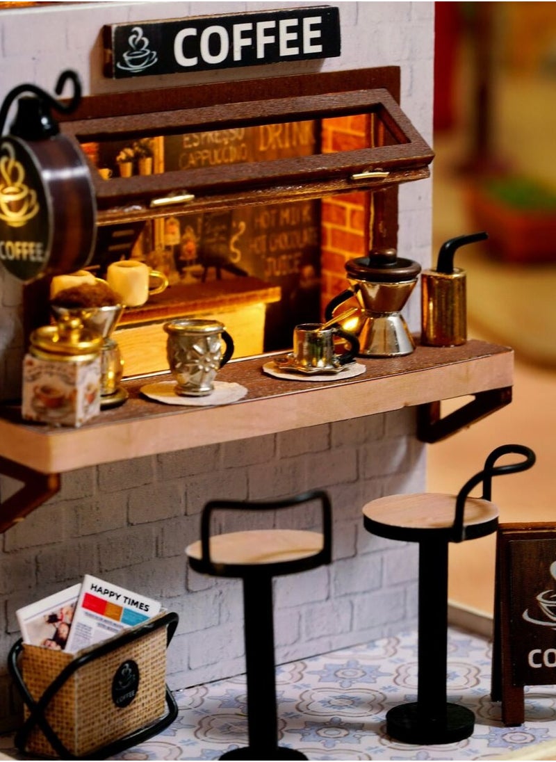 DIY Miniature Coffee Shop Model Kit - Wooden 3D Assembly Scene with Detailed Furniture, Perfect for Crafting Enthusiasts and Home Decor; Handcrafted Mini Dollhouse for Teens and Adults, Battery-Free & Glue-Free Design