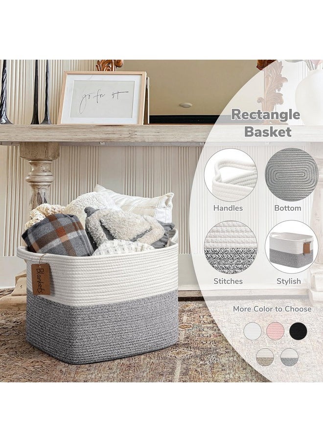 Woven Storage Basket, Cotton Rope Basket With Handles, Toy Baskets Storage Kids, Blanket Basket For Living Room, Bedroom, Gray And White, 18 X 14 X 12 Inches