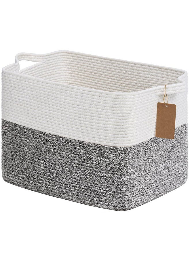 Woven Storage Basket, Cotton Rope Basket With Handles, Toy Baskets Storage Kids, Blanket Basket For Living Room, Bedroom, Gray And White, 18 X 14 X 12 Inches