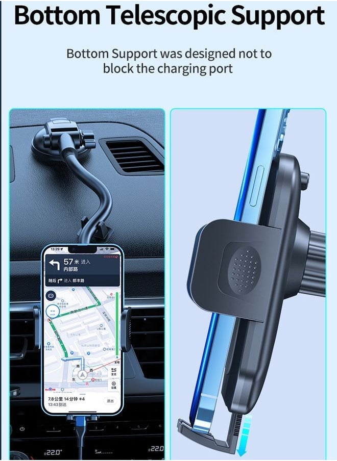 Long Arm Car Phone Holder Dashboard Windshield Air Vent Car Phone Mount Anti Shake Strong Suction Car Mobile Holder Rotatable Car Phone Stand Cell Phone Holder for Car with Air Vent Clip For All Phone