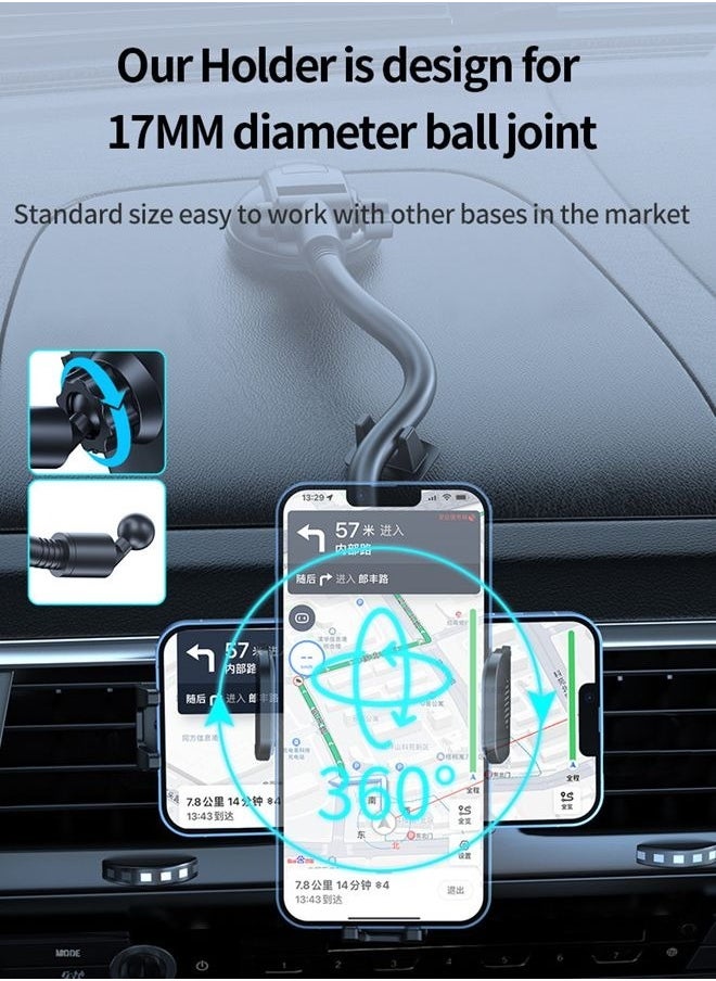 Long Arm Car Phone Holder Dashboard Windshield Air Vent Car Phone Mount Anti Shake Strong Suction Car Mobile Holder Rotatable Car Phone Stand Cell Phone Holder for Car with Air Vent Clip For All Phone