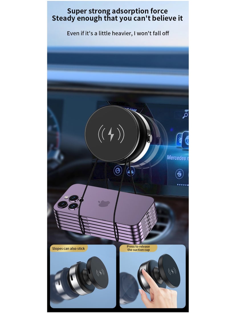 Car Phone Holder with Vacuum Magnetic Wireless Charger, Compatible with Various iPhone Series, 360°Rotation, Strong Magnets, Air Vent & Dashboard Suction Cup, Applicable to Car Kitchen Mirro Gym Bath Shower All Smooth Surface