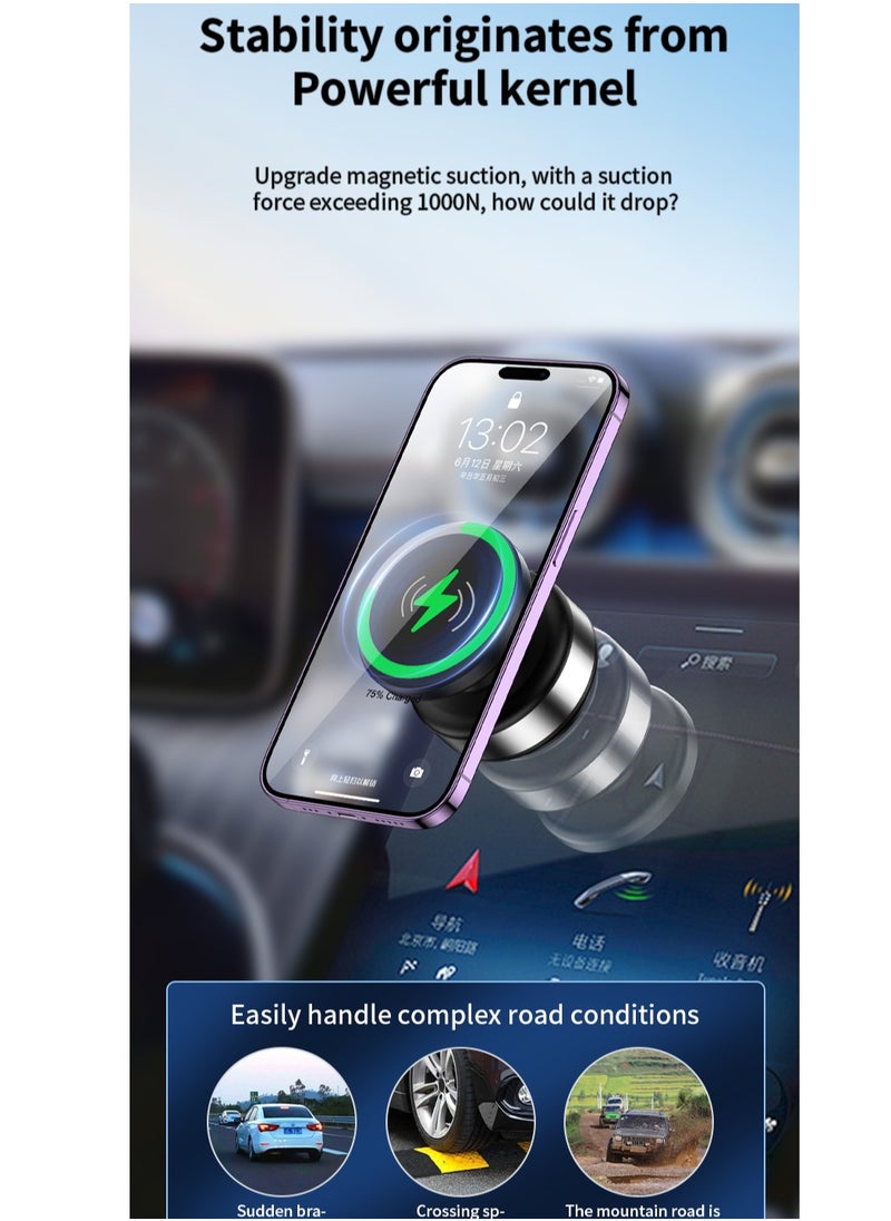 Car Phone Holder with Vacuum Magnetic Wireless Charger, Compatible with Various iPhone Series, 360°Rotation, Strong Magnets, Air Vent & Dashboard Suction Cup, Applicable to Car Kitchen Mirro Gym Bath Shower All Smooth Surface