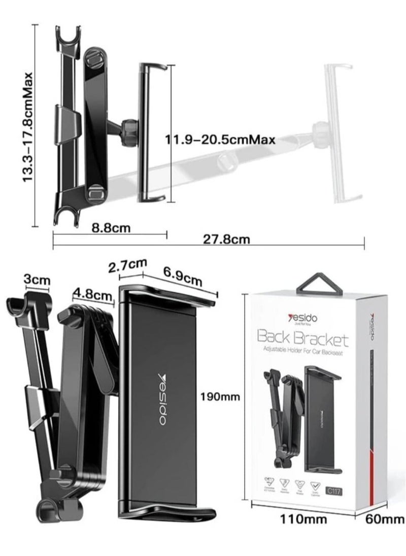 C117 Car Tablet Headrest Mount Tablet Holder for Car Seat 360 Degree Rotation Compatible with 4.7inch to 12.9 inch,