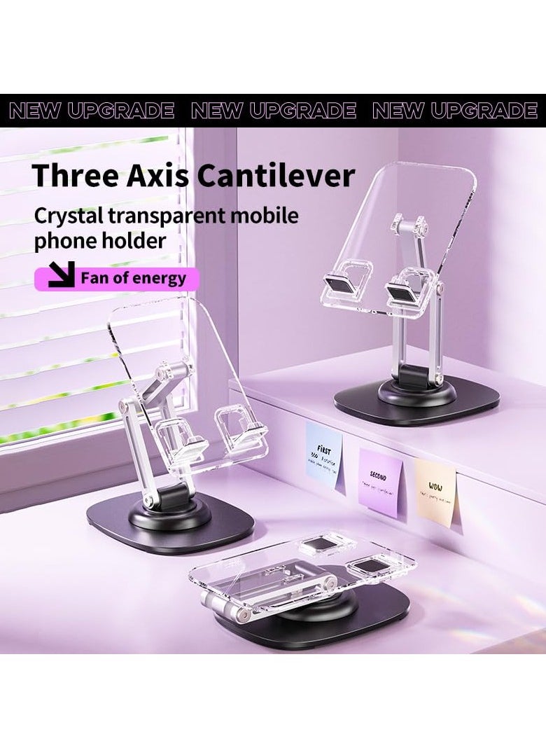 Crystal transparent phone holder desk, 360 ° rotation, folding, lifting, metal base, anti slip silicone pad phone holder, mobile stand, compatible with all phones. multiple colors. (Clean Jade)