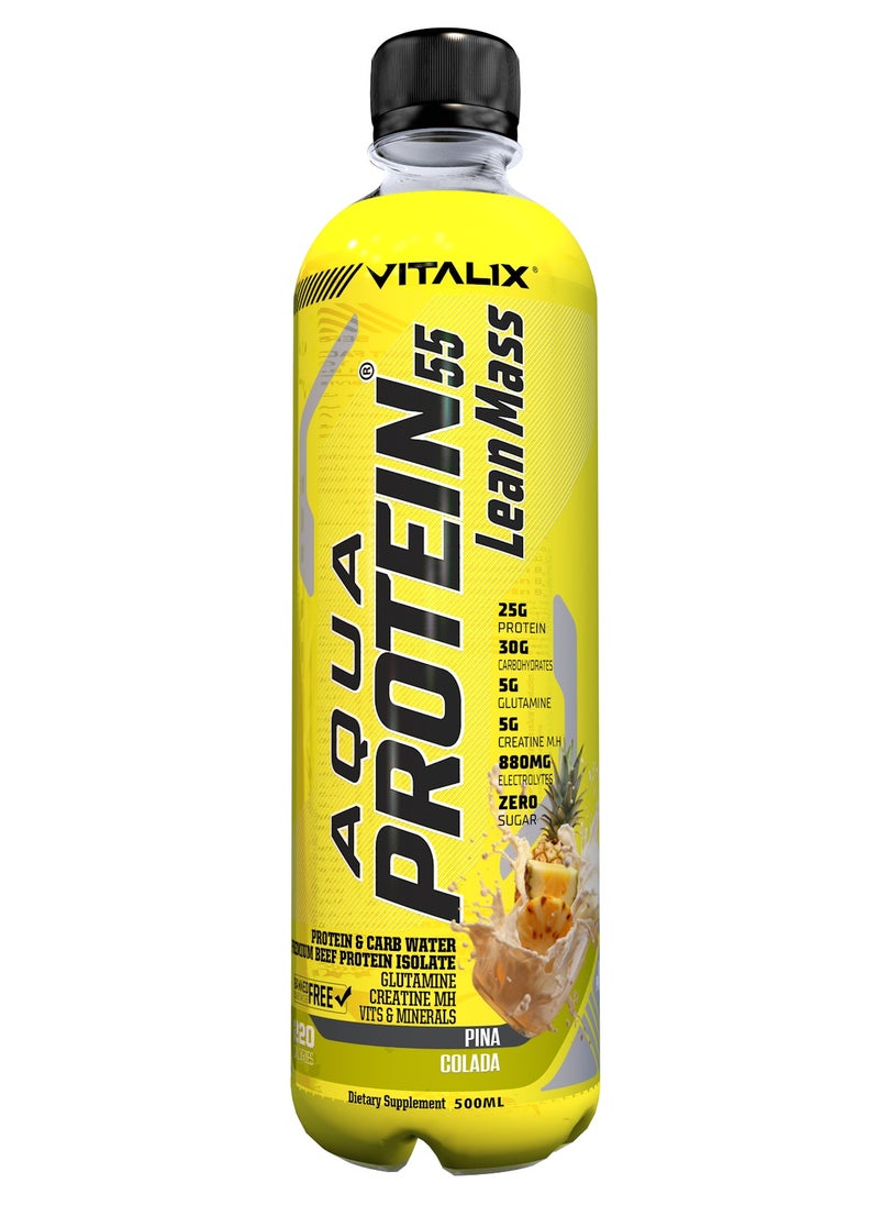 Vitalix Aqua Protein 55 Lean Mass Pina Colada Post Workout Drink – Protein Water with 25g Protein,30g Carbohydrates,5g Glutamine,5g Creatine Monohydrate,Zero Sugar,500ml Pack of 12