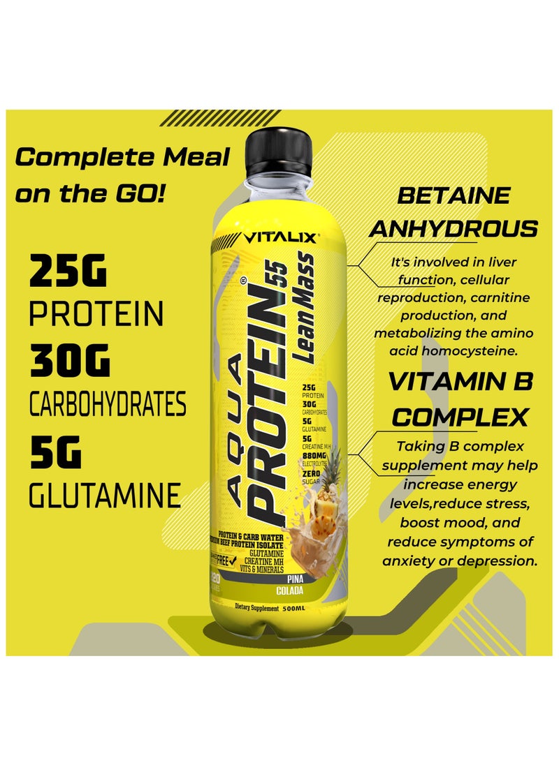 Vitalix Aqua Protein 55 Lean Mass Pina Colada Post Workout Drink – Protein Water with 25g Protein,30g Carbohydrates,5g Glutamine,5g Creatine Monohydrate,Zero Sugar,500ml Pack of 12