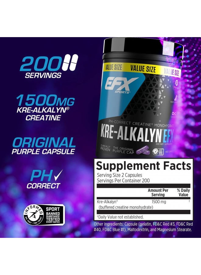 EFX Sports Kre-Alkalyn EFX | pH Correct Creatine Monohydrate Pill Supplement | Strength, Muscle Growth & Performance | 200 Servings, 400 Capsules