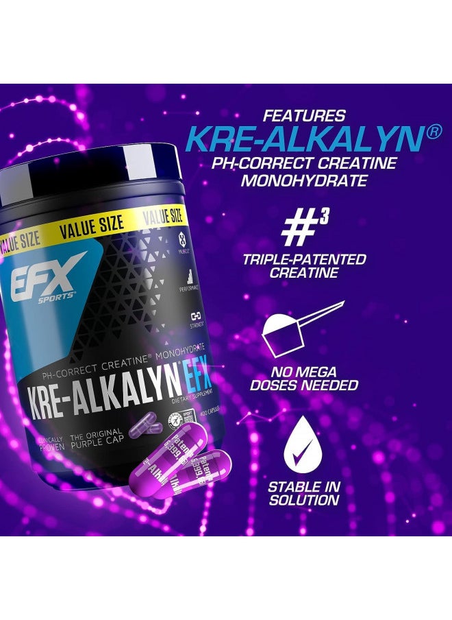 EFX Sports Kre-Alkalyn EFX | pH Correct Creatine Monohydrate Pill Supplement | Strength, Muscle Growth & Performance | 200 Servings, 400 Capsules