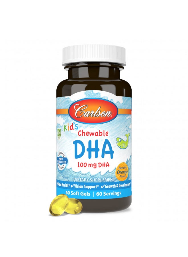 Carlson - Kid's Chewable DHA, 100 mg DHA, Brain & Vision Function, Growth & Development, Orange, 60 Chewable Softgels