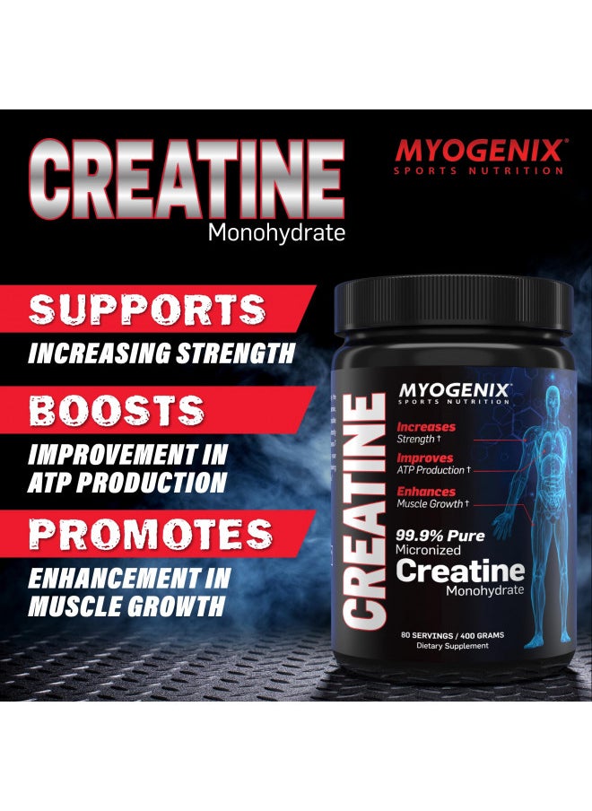 Myogenix Creatine Monohydrate for Muscle Growth Creatine Monohydrate Powder, Nutritional Supplement to Increase Strength, Improves ATP Production, Pure Creatine Powder (80 Servings/400G)