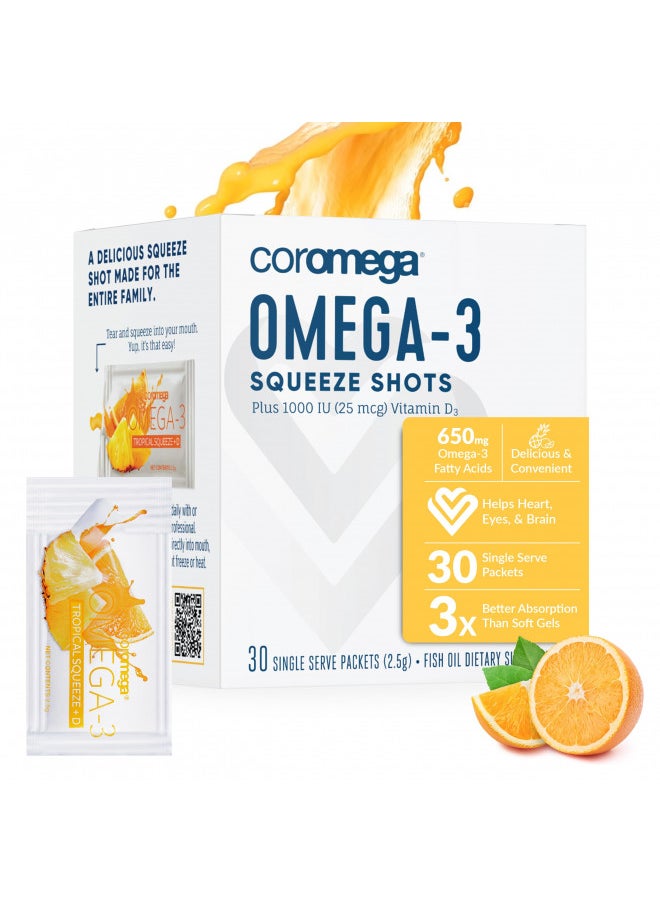 Coromega Omega 3 Fish Oil Supplement with Additional Vitamin D3, 650mg of Omega-3s with 3X Better Absorption Than Softgels, Tropical Orange Flavor, 30 Single Serve Squeeze Packets