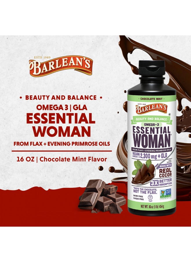 Barlean's Essential Woman Chocolate Mint Liquid Supplement from Flaxseed, Evening Primrose Oil & Soy Isoflavones, Omega 3 6 9 and GLA, Hormonal Balance & Healthy Hair and Skin, 16 oz