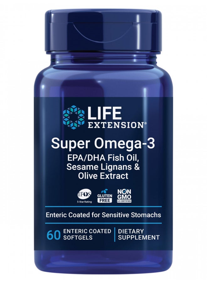 Life Extension Super Omega-3 EPA/DHA Sesame Lignans & Olive Extract - IFOS 5-Star Rated Fish Oil Fatty Acids Supplement for Heart & Brain Health Gluten-Free, Non-GMO 60 Softgels