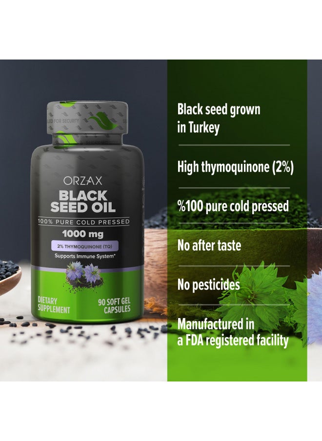 ORZAX Black Seed Oil Capsules, 90 Days Supply, 2% Thymoquinone, Non-GMO, Gluten Free, Cold Pressed Black Cumin Pills, Nigella Sativa