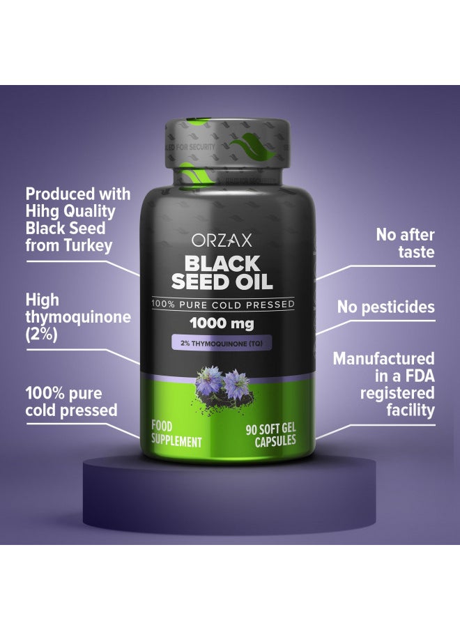 ORZAX Black Seed Oil Capsules, 90 Days Supply, 2% Thymoquinone, Non-GMO, Gluten Free, Cold Pressed Black Cumin Pills, Nigella Sativa