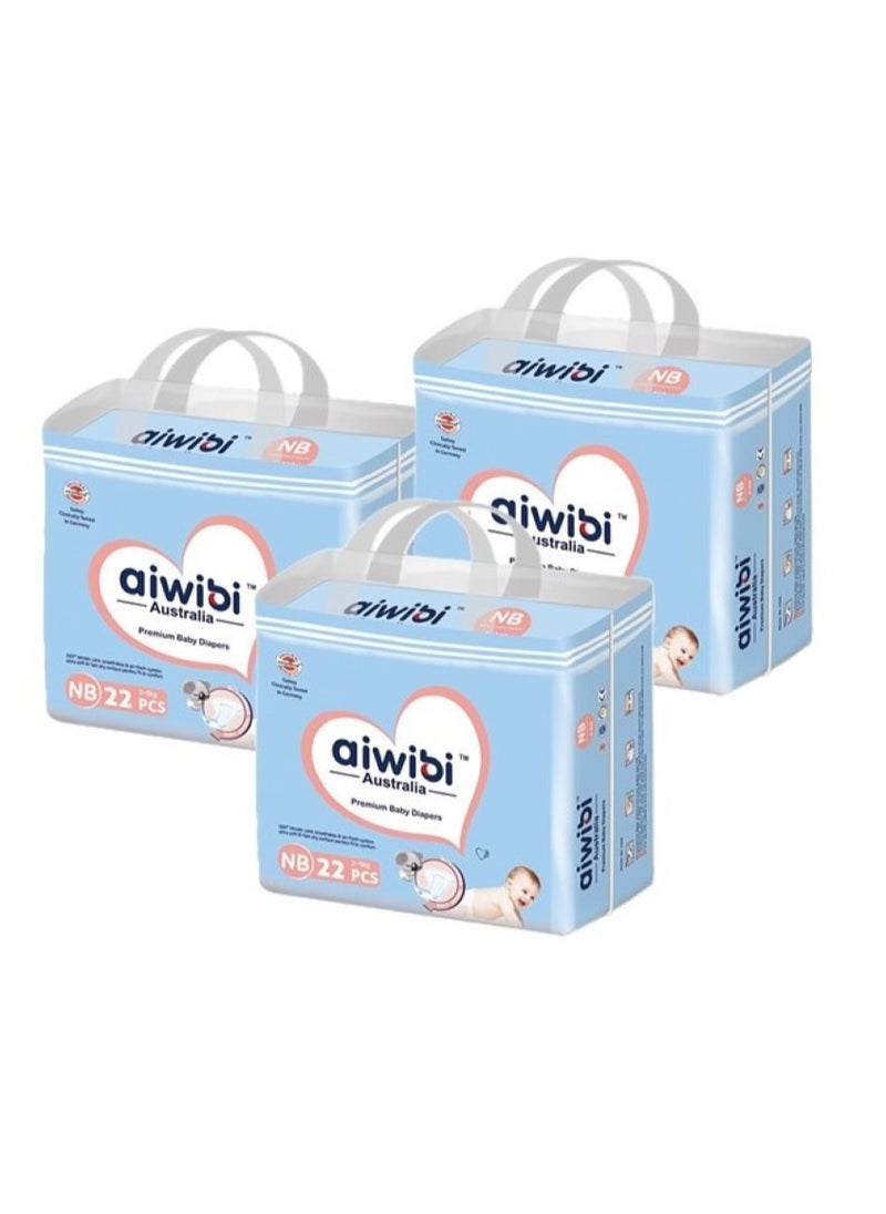 Aiwibi New Born Premium Diapers (2-5kg) 22's pack of 3