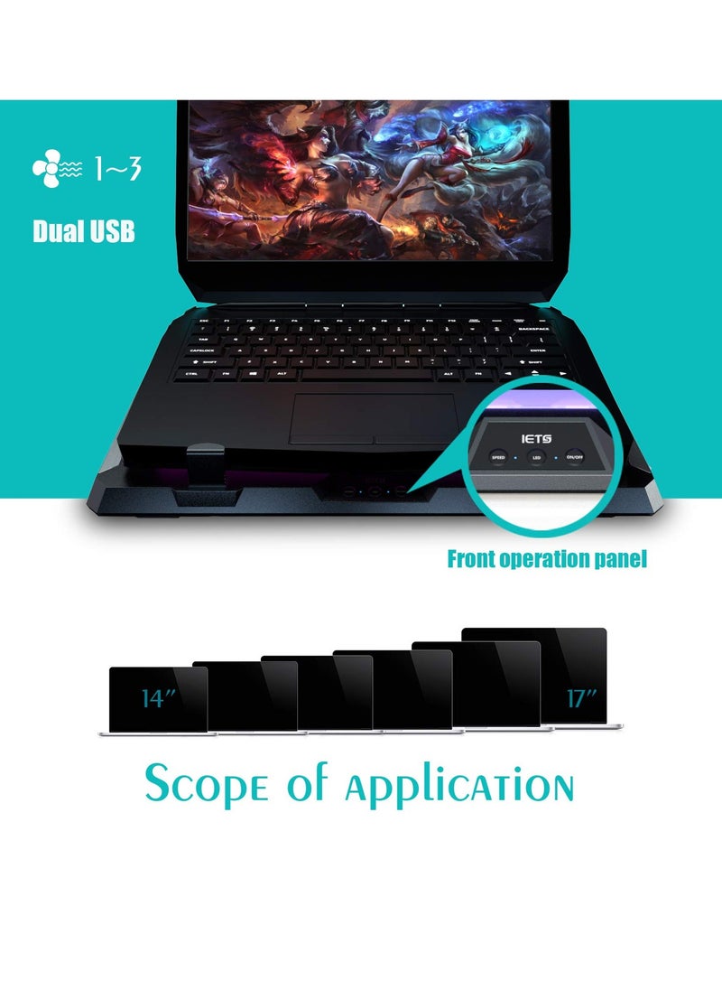 IETS GT300 Double Blower Laptop Cooling Pad for 14-17 Inch Gaming Laptop, Cooler Pad with Dust Filter, Flexible Rubber Ring, Colorful Lights,Adjustable Mount Stand,Third Gear Speed