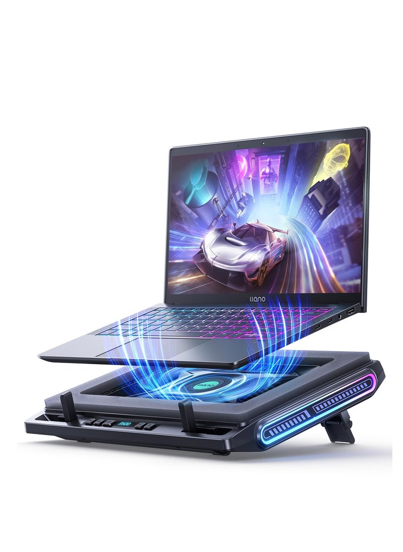 llano V10 Gaming Laptop Cooler, RGB Laptop Cooling Pad Stand with Powerful 4.72 Inch External Turbo Cooling Fan, Fast Cooling Computer 13-17.3inch, 3 Adjustable Stand, 4-Port USB C&A (Black)