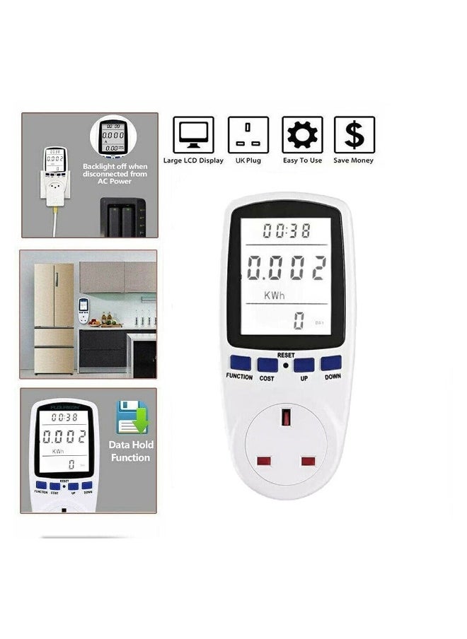 Power Meter Energy Monitor UK Plug, 13A Electricity Usage with LCD Display, Overload Protection kwh Analyzer for Home Appliances