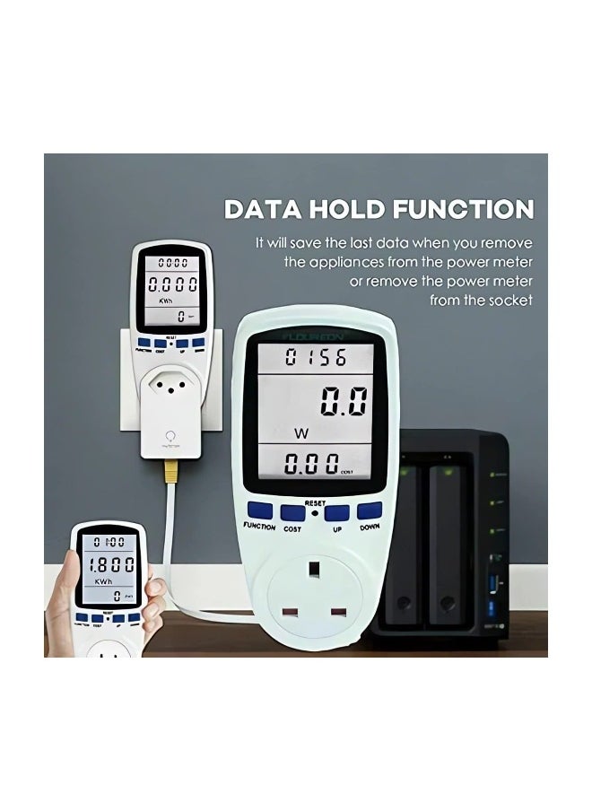 Power Meter Energy Monitor UK Plug, 13A Electricity Usage with LCD Display, Overload Protection kwh Analyzer for Home Appliances